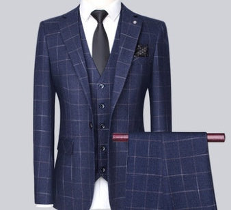 Men's Slim Fit Plaid 3-Piece Suit – Korean Style Wedding & Formal Wear