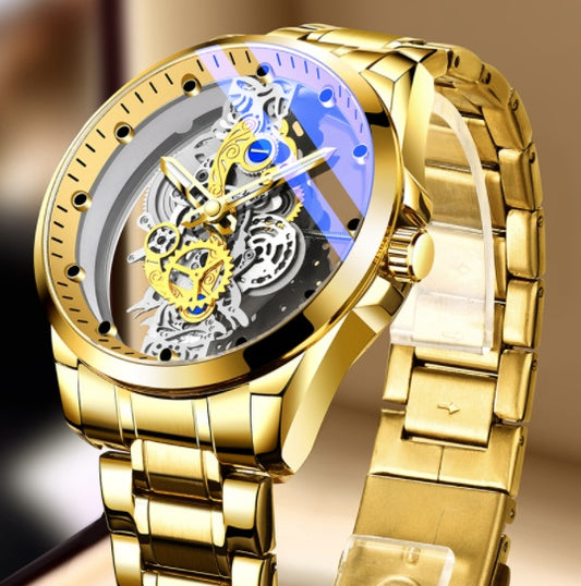 Men’s Luxury Skeleton Watch – Automatic Quartz Vintage Gold Timepiece